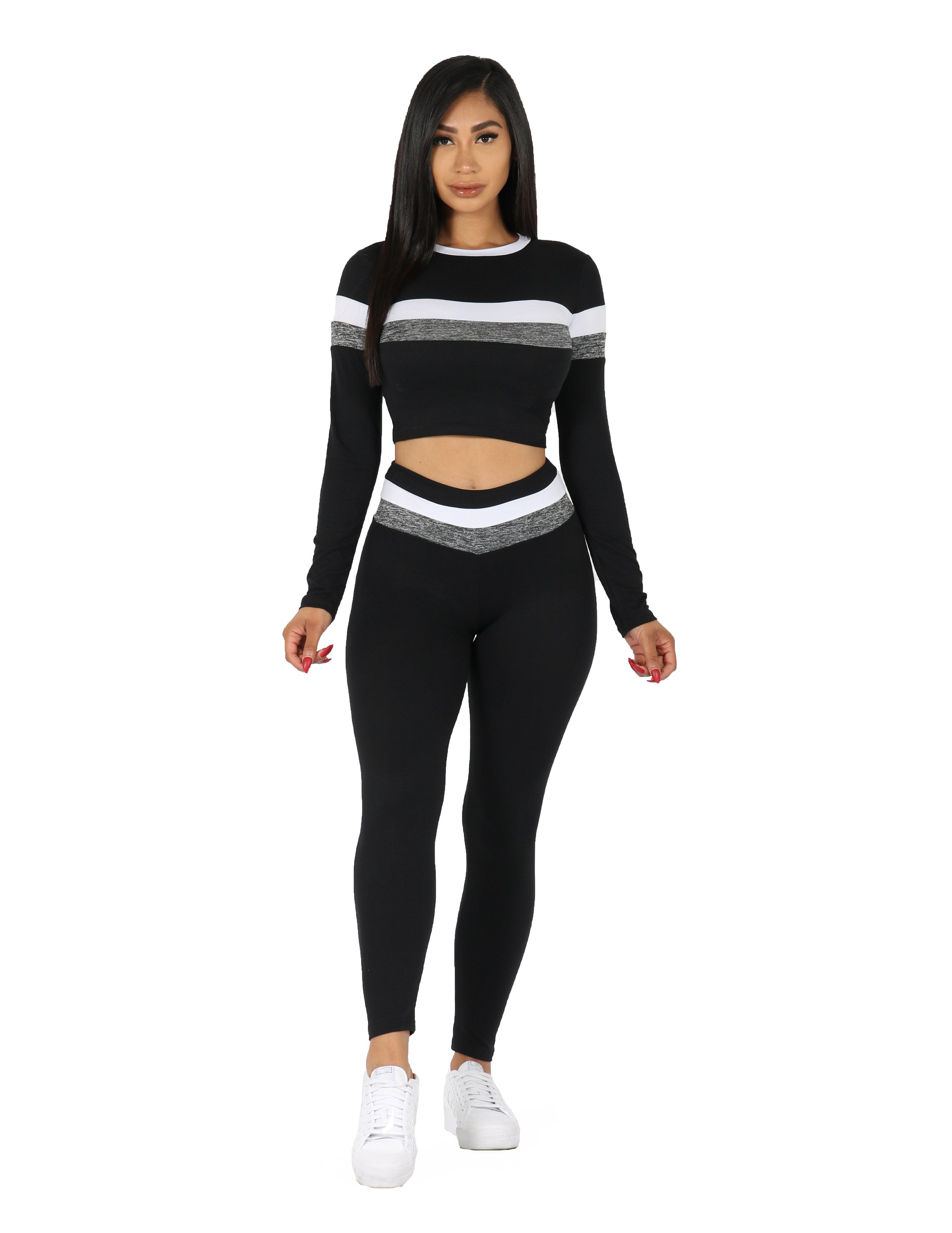 Active Yummy Striped Long Sleeve Crop Top and Legging Set