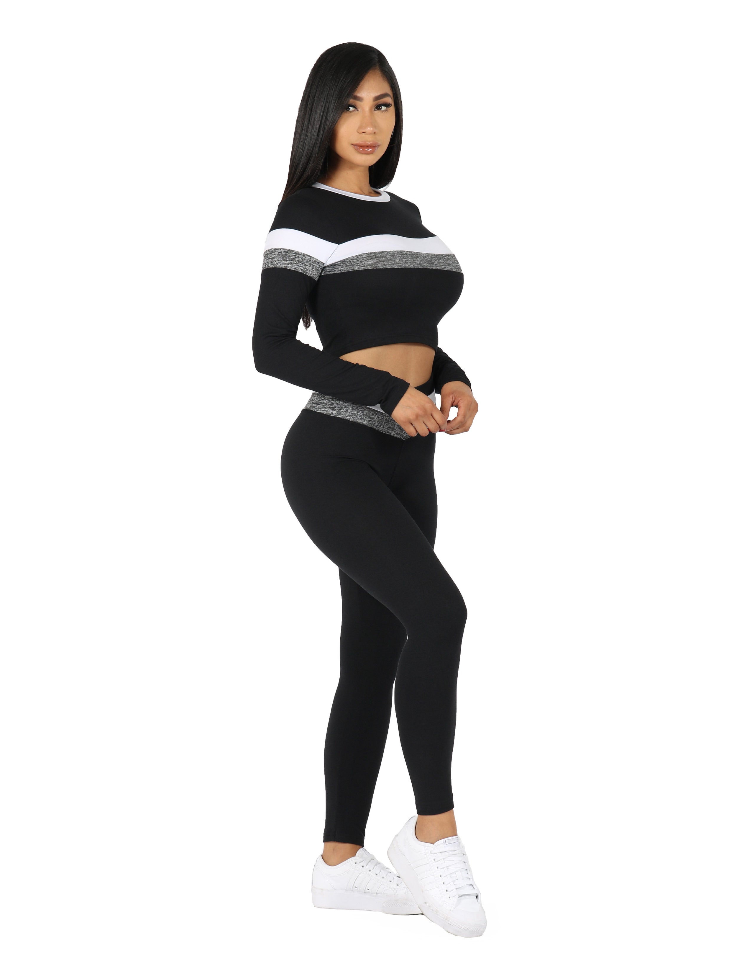 Active Yummy Striped Long Sleeve Crop Top and Legging Set