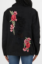 Load image into Gallery viewer, Destructed Rose Patch Denim Jacket
