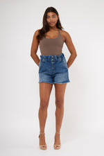 Load image into Gallery viewer, Exposed Button Fly Paperbag Waist Hi Rise Denim Short
