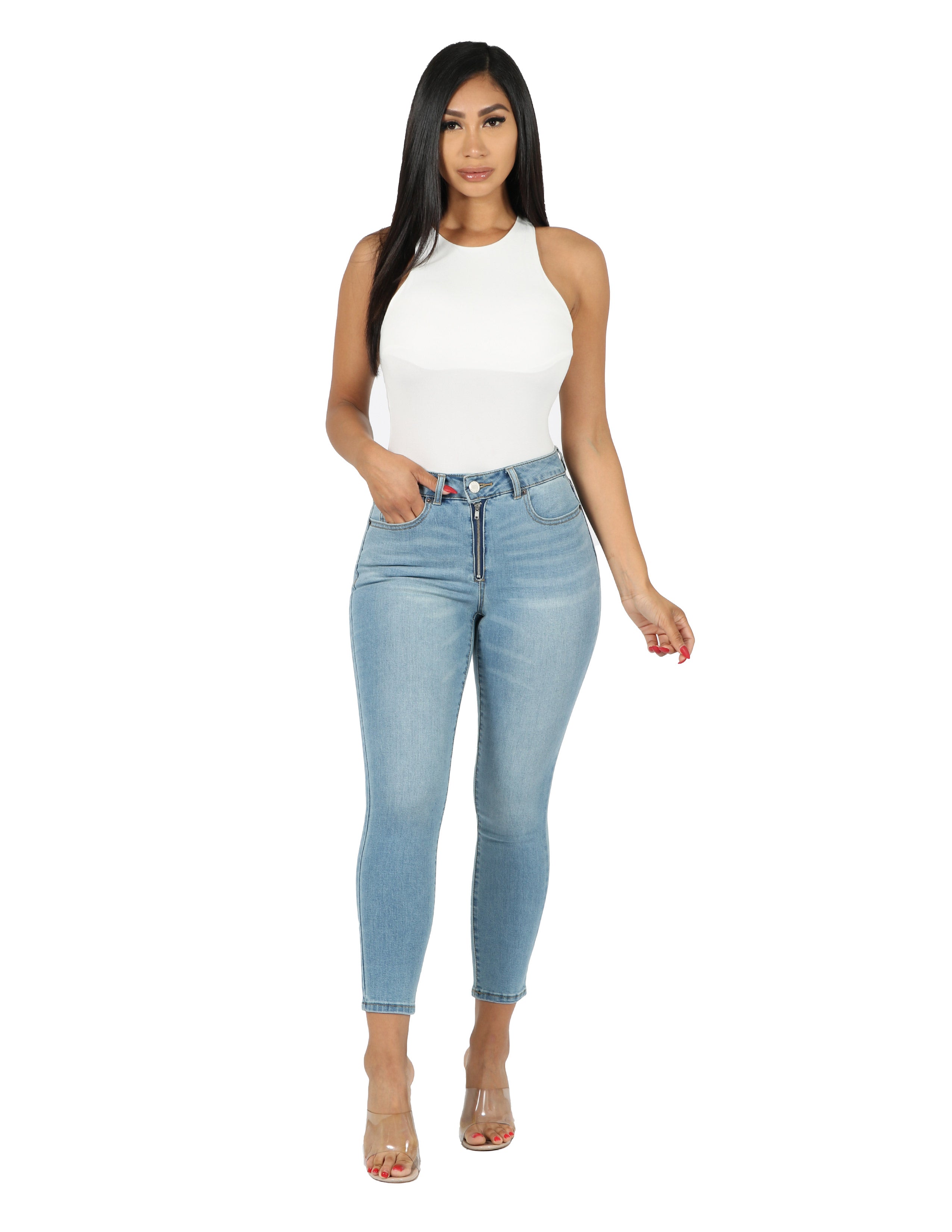 High Rise Skinny with Exposed Zipper Fly Ankle Pant