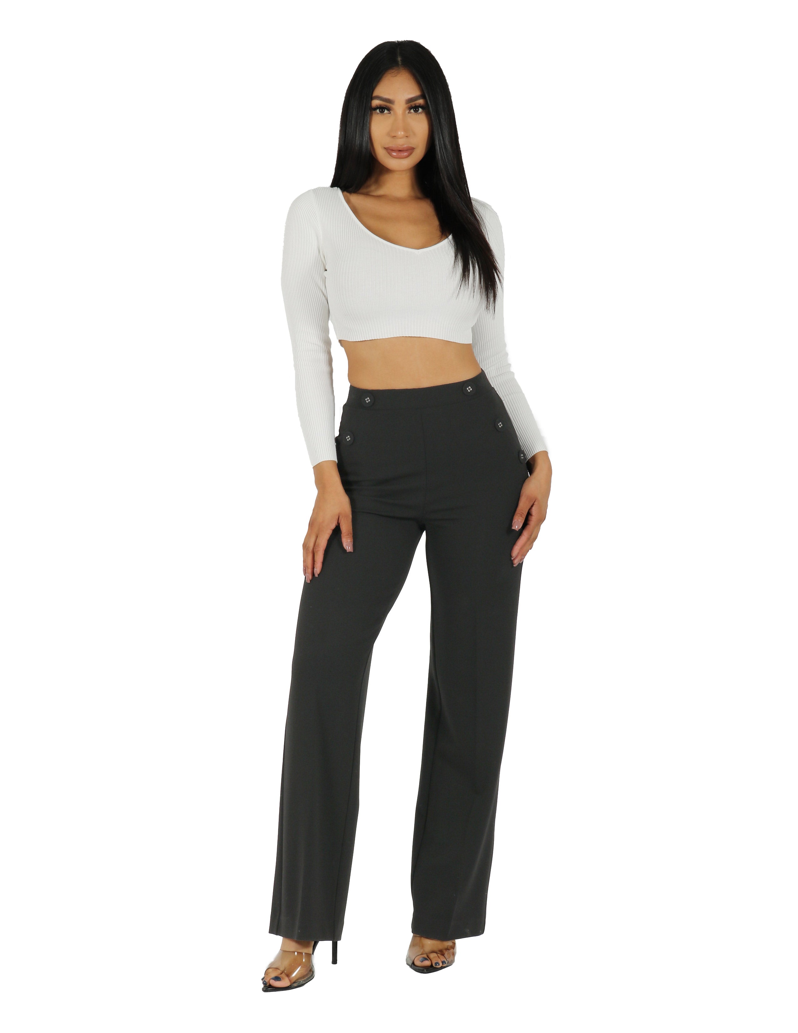 Knit Crepe High Rise Wide Leg with Self Covered 4 Hole Buttons