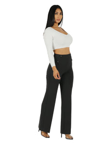 Knit Crepe High Rise Wide Leg with Self Covered 4 Hole Buttons
