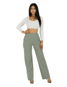 So Chic Knit Crepe 4 Hole Buttons High Rise Wide Leg Pant