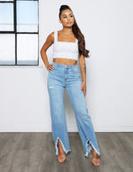Load image into Gallery viewer, High Rise Wide Leg with Chew Hem Denim Pants
